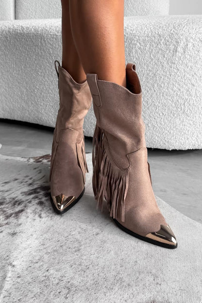 Khaki Western Boots mit Fransen