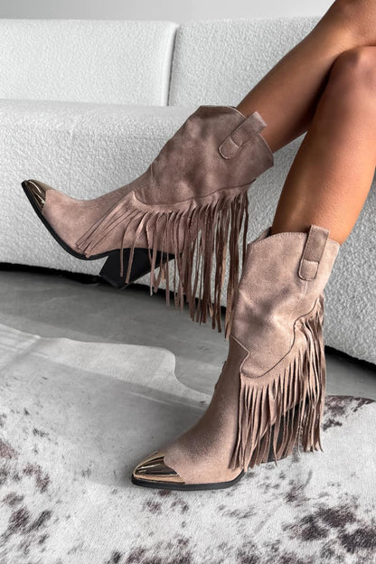 Khaki Western Boots mit Fransen