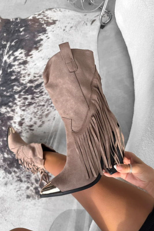 Khaki Western Boots mit Fransen