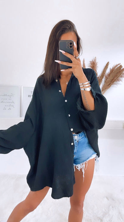 Lange Oversize Musselin Bluse in Schwarz – Zeitlose Eleganz | MUSSELIN LIEBE
