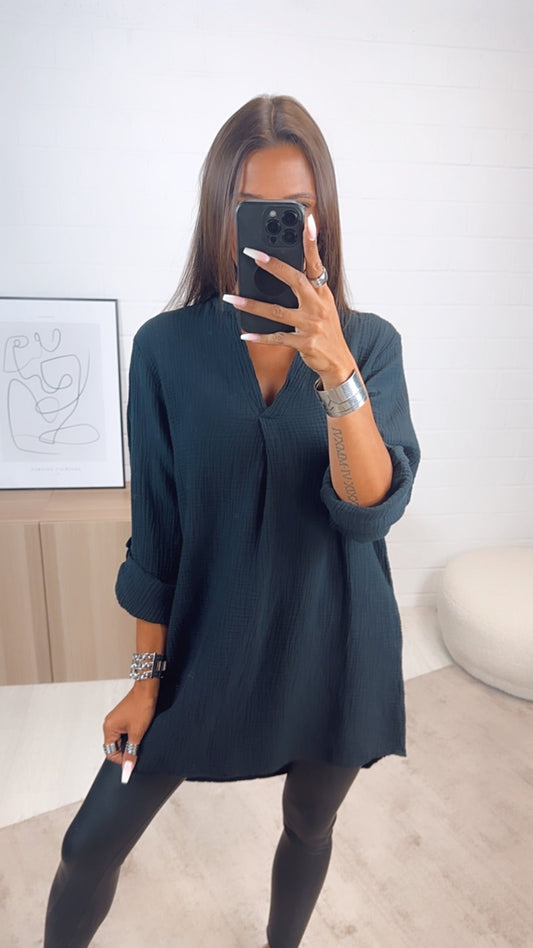 Musselin Blusenkleid mit V-Ausschnitt in Schwarz – Zeitlose Eleganz | MUSSELIN LIEBE