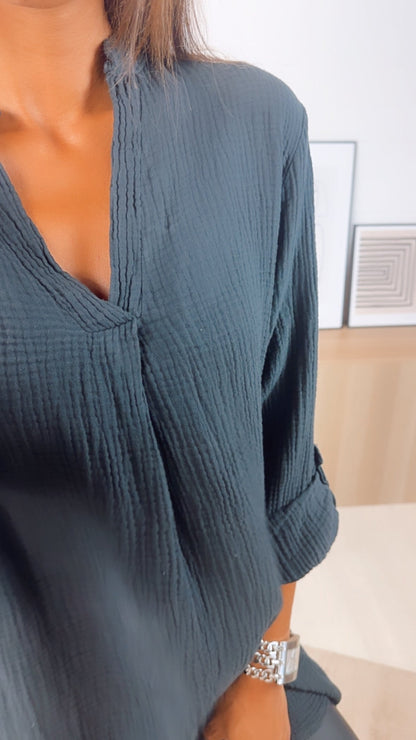 Musselin Blusenkleid mit V-Ausschnitt in Schwarz – Zeitlose Eleganz | MUSSELIN LIEBE