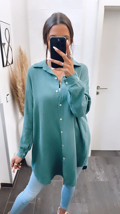 Lange Oversize Musselin Bluse in Petrol – Intensive Eleganz | MUSSELIN LIEBE