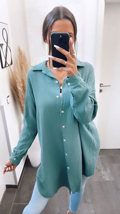 Lange Oversize Musselin Bluse in Petrol – Intensive Eleganz | MUSSELIN LIEBE