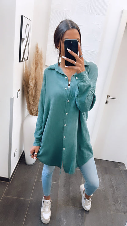 Lange Oversize Musselin Bluse in Petrol – Intensive Eleganz | MUSSELIN LIEBE