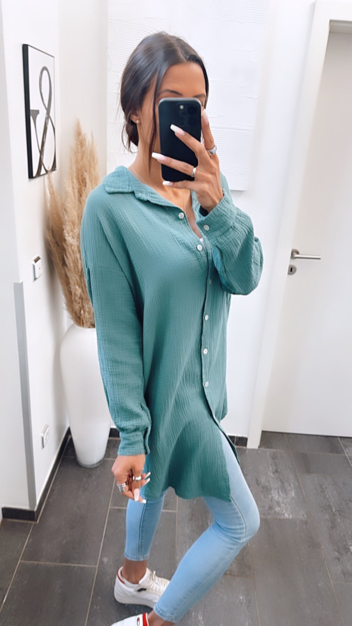 Lange Oversize Musselin Bluse in Petrol – Intensive Eleganz | MUSSELIN LIEBE