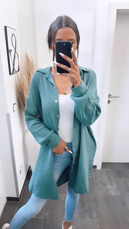 Lange Oversize Musselin Bluse in Petrol – Intensive Eleganz | MUSSELIN LIEBE