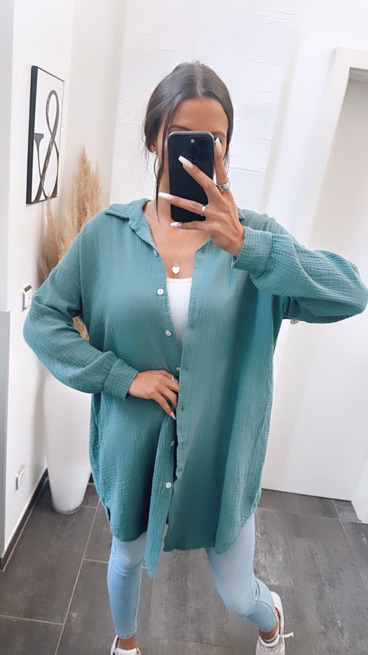 Lange Oversize Musselin Bluse in Petrol – Intensive Eleganz | MUSSELIN LIEBE