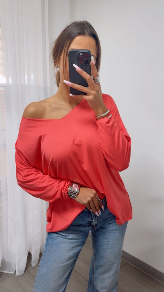 Lockeres Langarm-Oberteil mit V-Ausschnitt – Coral