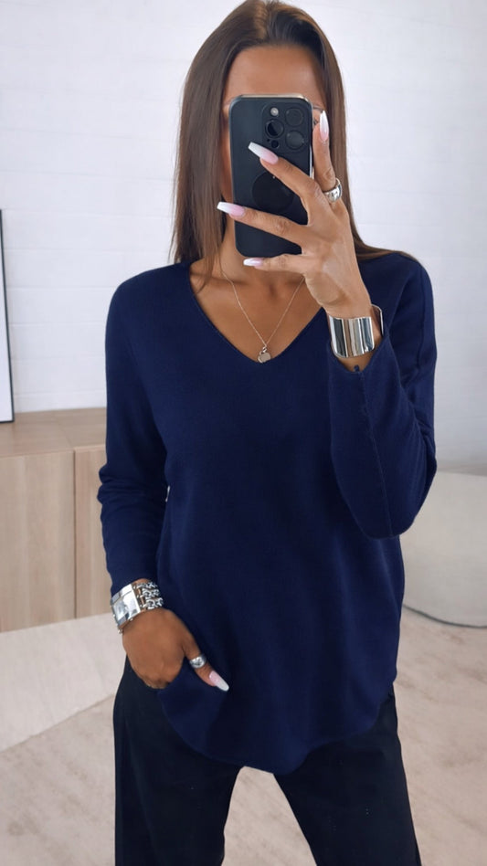 Leichter Pullover mit V-Ausschnitt – Dunkel Blau