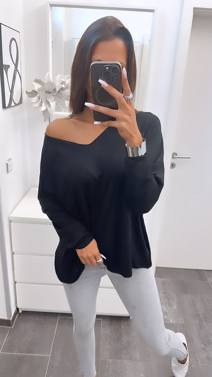 Lockeres Langarmshirt mit V-Ausschnitt – Schwarz