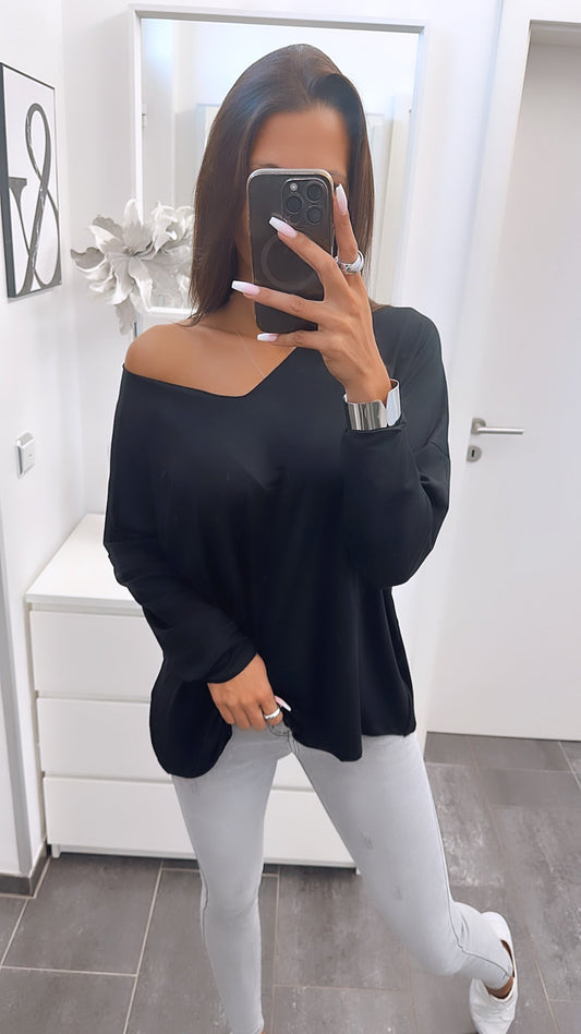 Lockeres Langarmshirt mit V-Ausschnitt – Schwarz