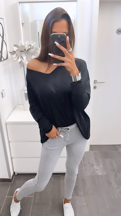 Lockeres Langarmshirt mit V-Ausschnitt – Schwarz