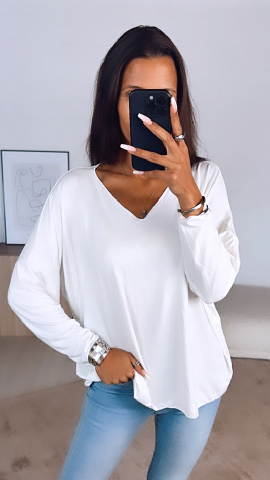 Lockeres Langarm-Oberteil mit V-Ausschnitt – Weiß