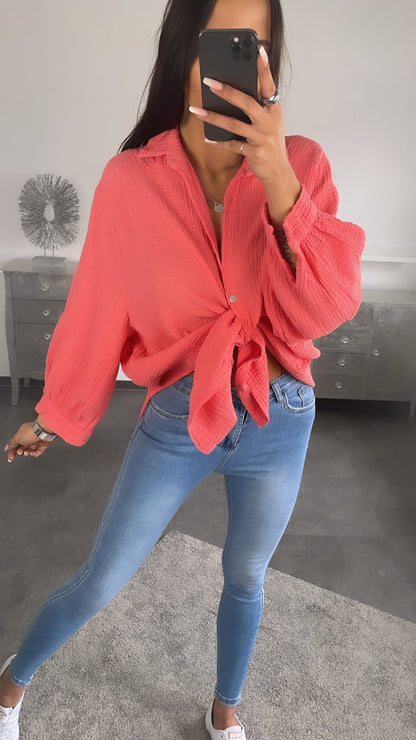 Kurze Oversize Musselin Bluse in Coral – Lebendige Eleganz | MUSSELIN LIEBE
