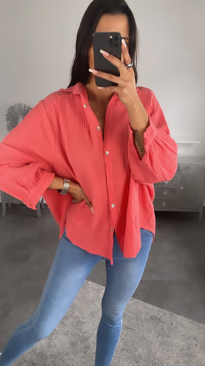 Kurze Oversize Musselin Bluse in Coral – Lebendige Eleganz | MUSSELIN LIEBE