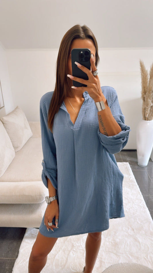Musselin Blusenkleid mit V-Ausschnitt in Taubenblau – Sanfte Eleganz | MUSSELIN LIEBE