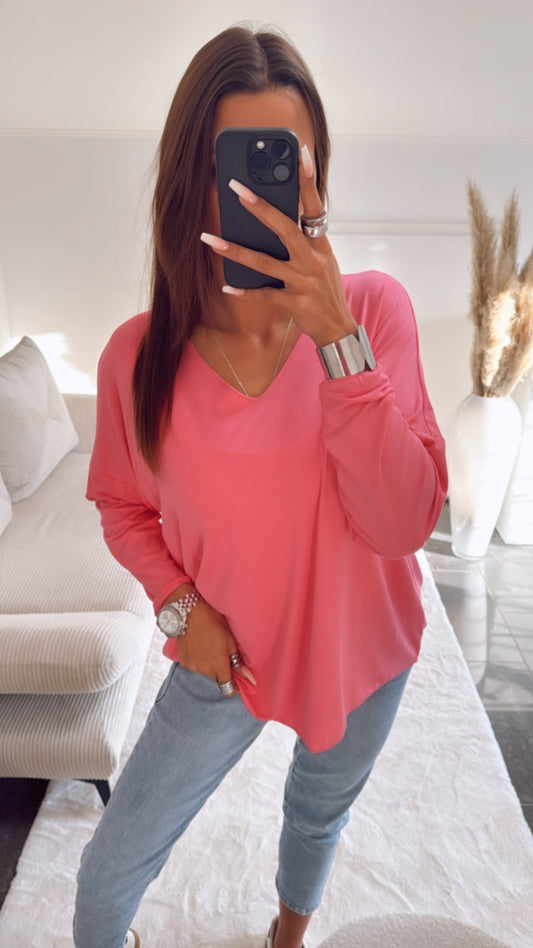 Lockeres Langarm-Oberteil mit V-Ausschnitt – Pink