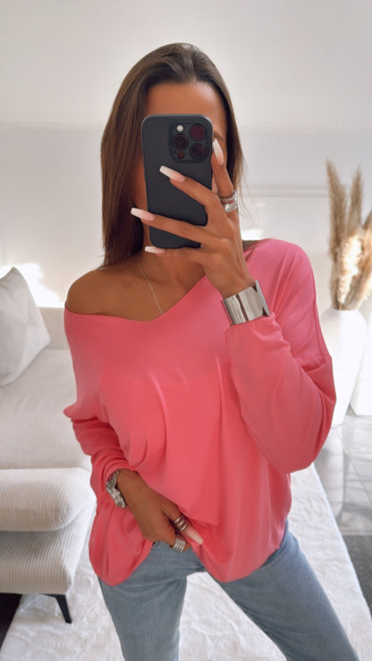 Lockeres Langarm-Oberteil mit V-Ausschnitt – Pink