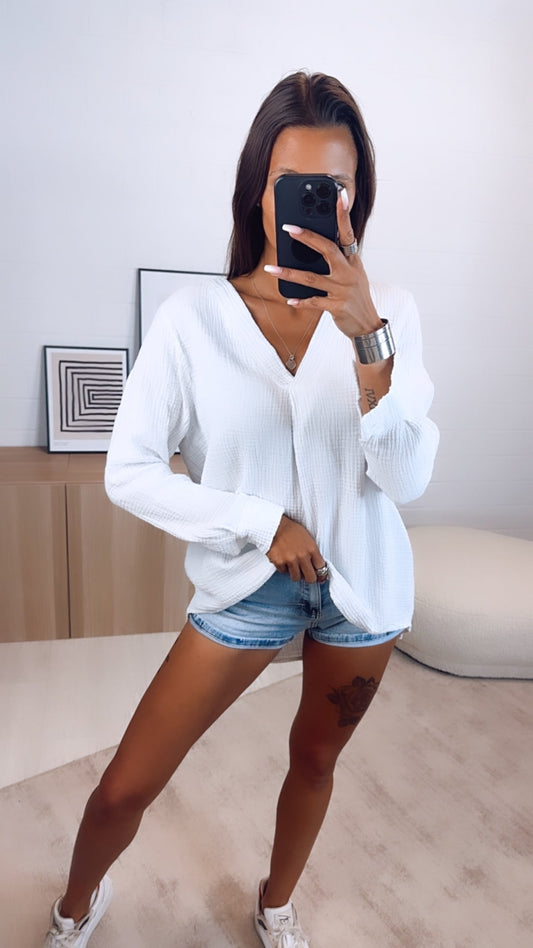 Musselin Bluse ohne Knöpfe in Weiss – Puristische Eleganz | MUSSELIN LIEBE