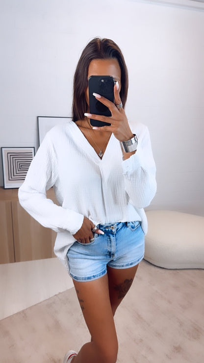 Musselin Bluse ohne Knöpfe in Weiss – Puristische Eleganz | MUSSELIN LIEBE