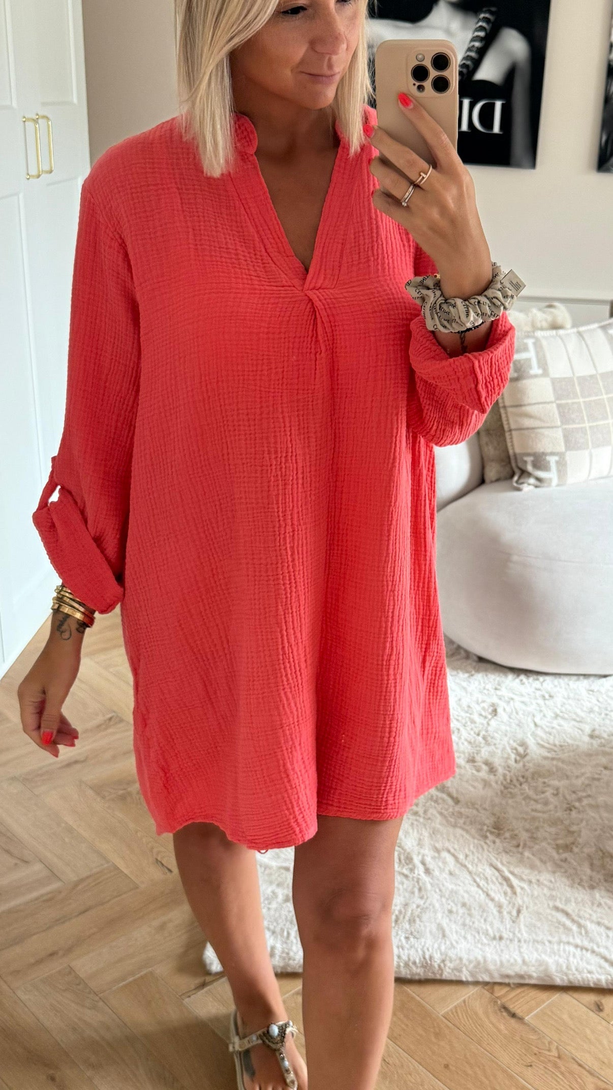 Musselin Blusenkleid mit V-Ausschnitt in Coral – Lebendige Eleganz | MUSSELIN LIEBE
