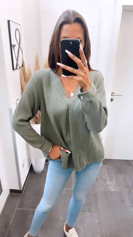 Musselin Bluse ohne Knöpfe in Khaki – Natürliche Sophistication | MUSSELIN LIEBE