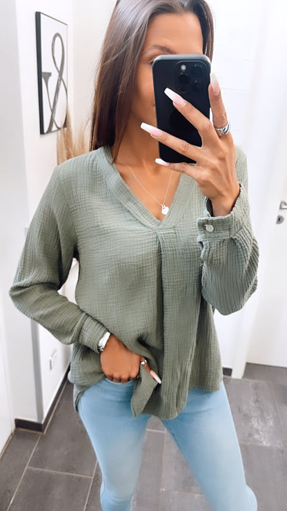 Musselin Bluse ohne Knöpfe in Khaki – Natürliche Sophistication | MUSSELIN LIEBE