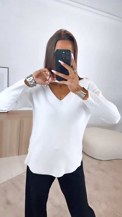 Leichter Pullover mit V-Ausschnitt – Weiß