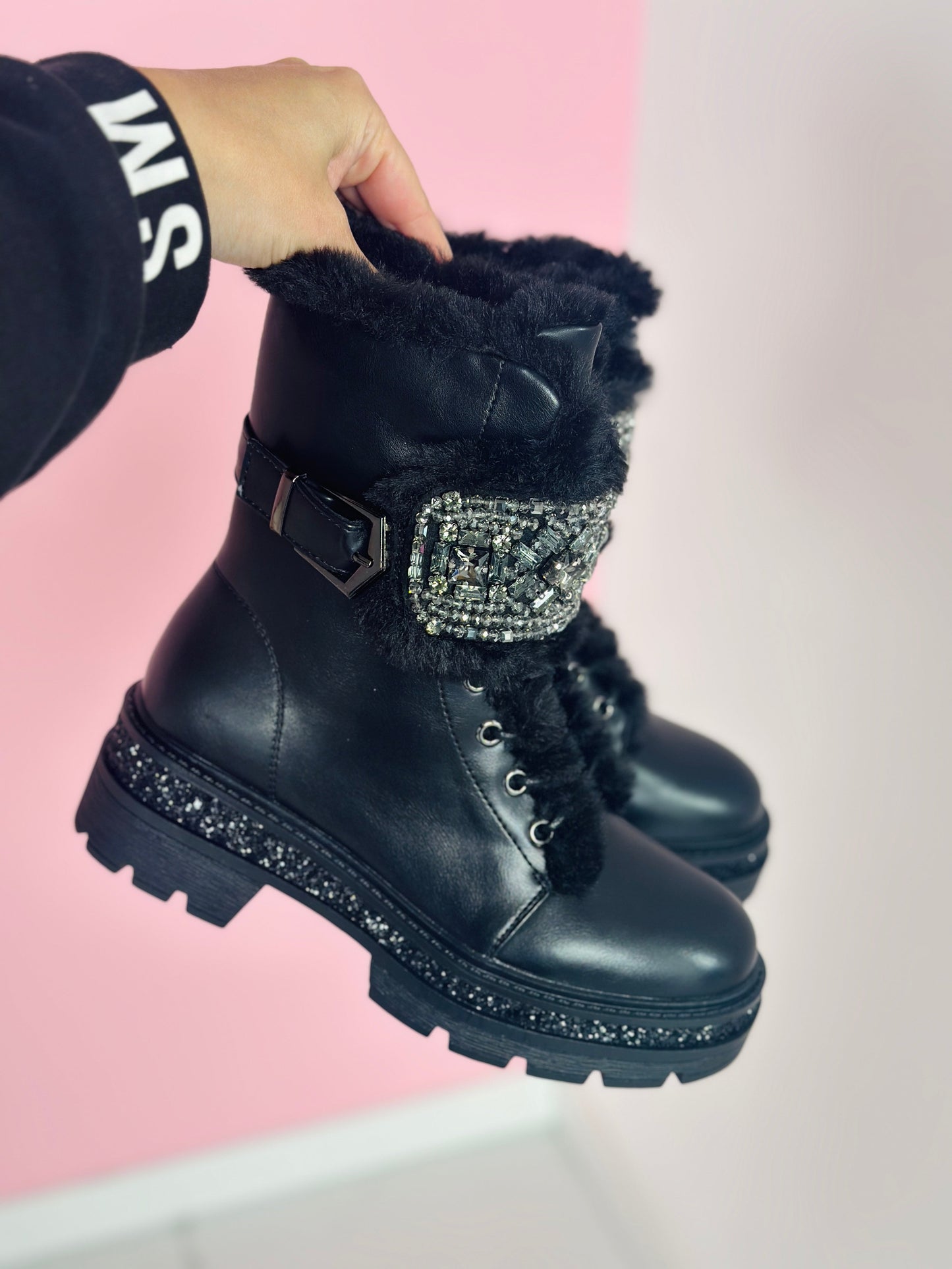 Stone Detail Schwarz Stiefel – Stilvolle Damen-Winterstiefel mit Steindetails
