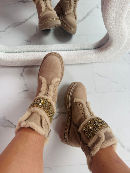 Stone Detail Khaki Stiefel – Trendige Damen-Winterstiefel in Khaki