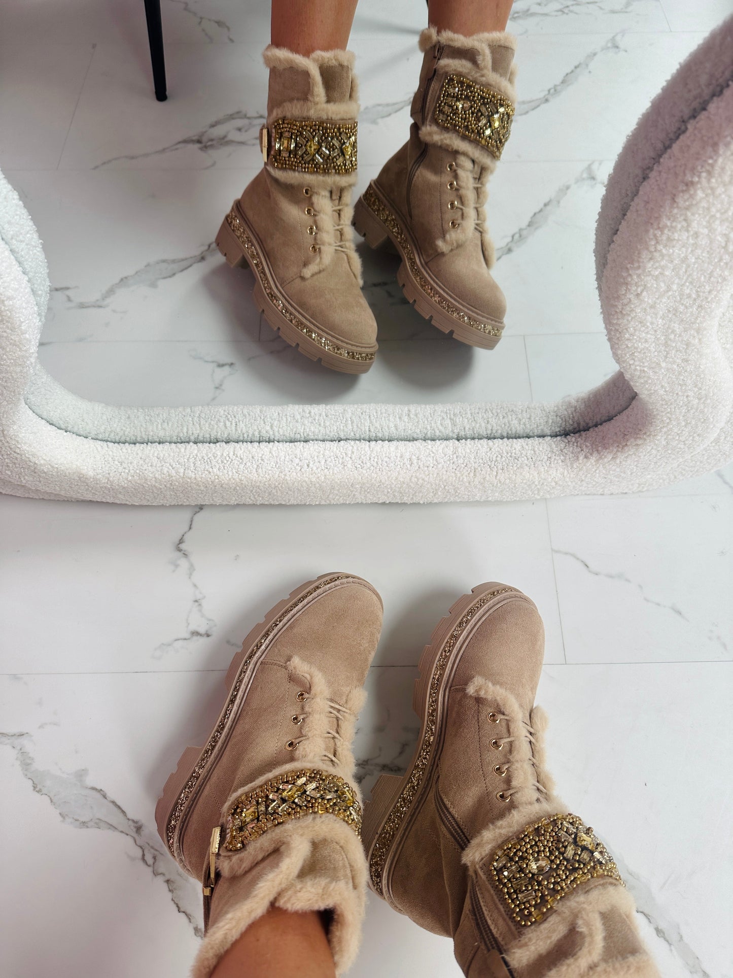 Stone Detail Khaki Stiefel – Trendige Damen-Winterstiefel in Khaki