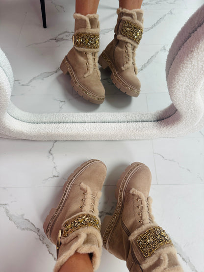 Stone Detail Khaki Stiefel – Trendige Damen-Winterstiefel in Khaki