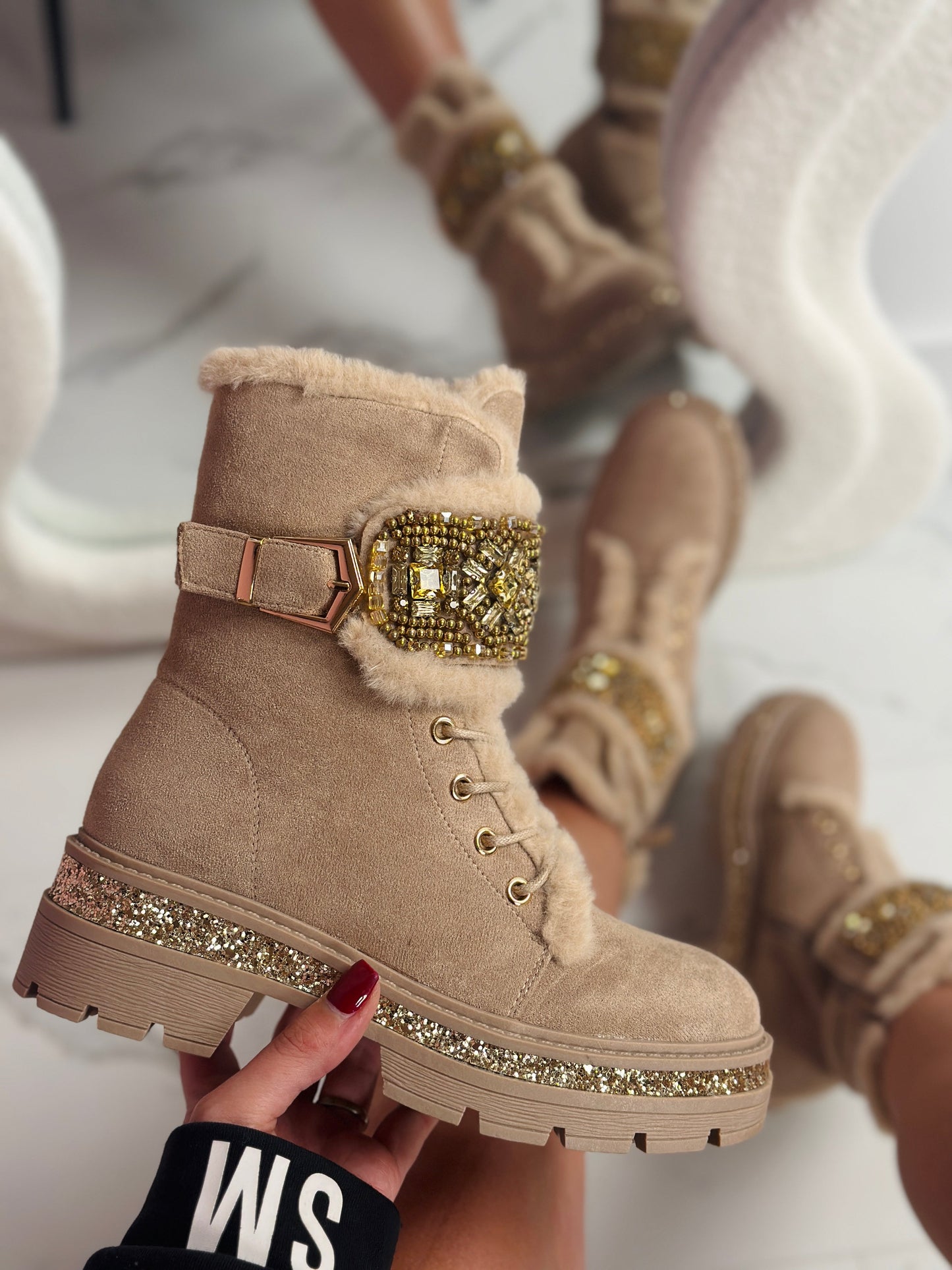 Stone Detail Khaki Stiefel – Trendige Damen-Winterstiefel in Khaki
