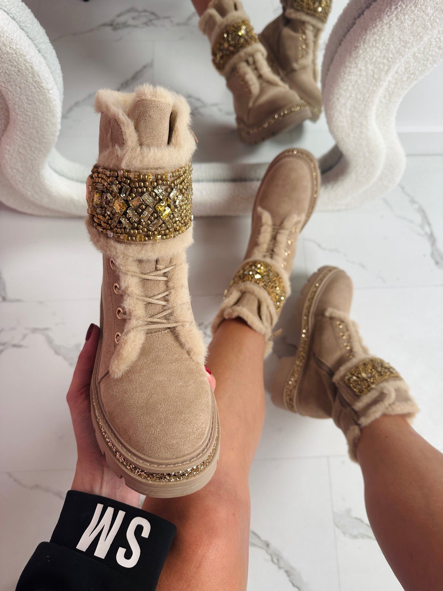 Stone Detail Khaki Stiefel – Trendige Damen-Winterstiefel in Khaki