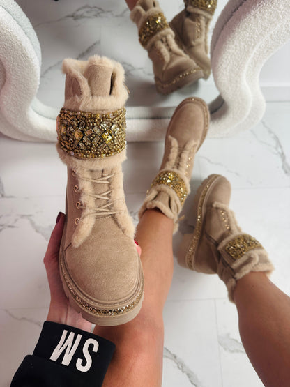 Stone Detail Khaki Stiefel – Trendige Damen-Winterstiefel in Khaki