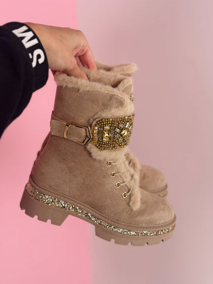 Stone Detail Khaki Stiefel – Trendige Damen-Winterstiefel in Khaki