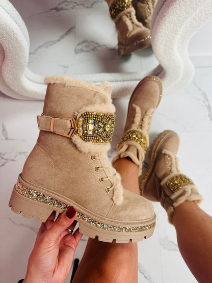 Stone Detail Khaki Stiefel – Trendige Damen-Winterstiefel in Khaki