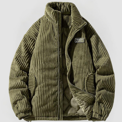 Olivegrüne Cordjacke mit Stehkragen, Reißverschluss und gestepptem Innenfutter, Herrenmode