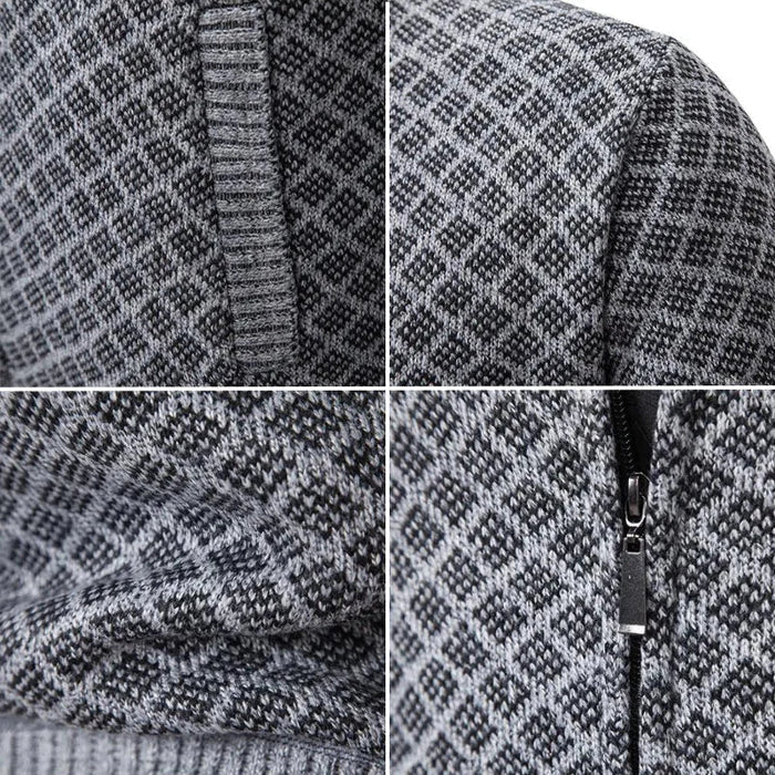 Detailaufnahmen grauer Strickpullover mit Rauten-Muster, Reißverschluss und Bündchen