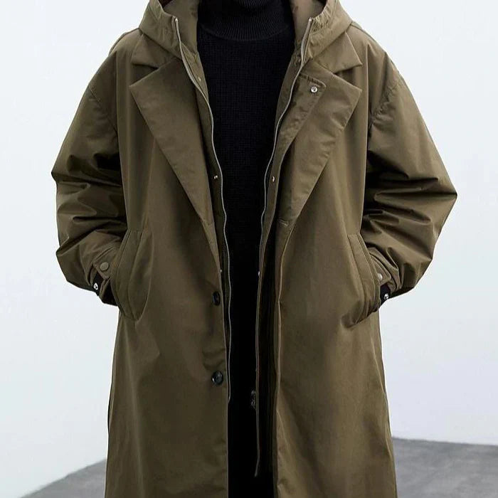 Herren Mantel olivgrün mit Kapuze, Outdoor Jacke, modernes Design, lässiger Look