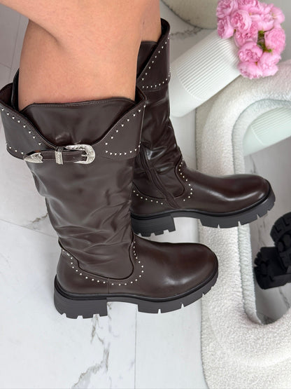 Stud Gesp Braun Stiefel