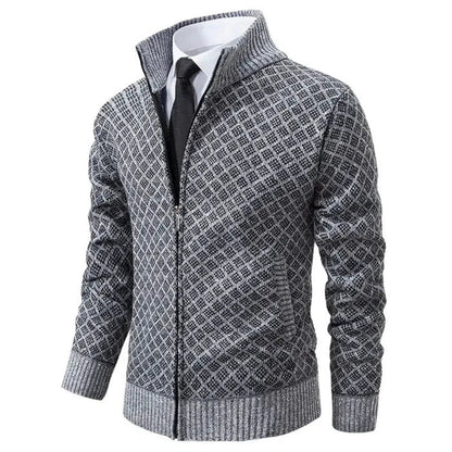 Herren Strickjacke mit Reißverschluss, graues Rautenmuster, modisch, elegant