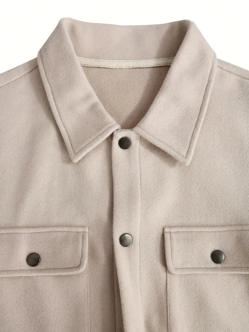 Beige Damen Jacke aus Wolle mit Knopfleiste und Brusttaschen, elegante Übergangsjacke