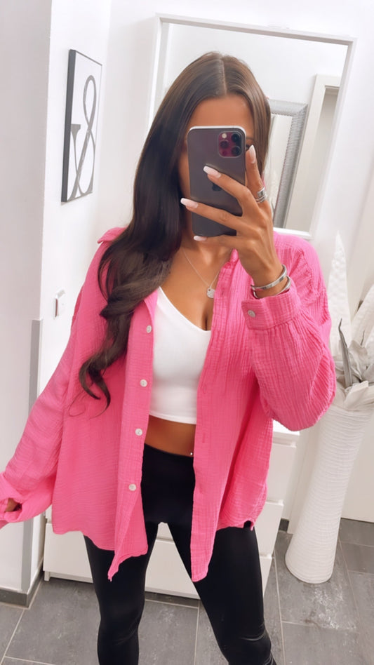 Kurze Oversize Musselin Bluse in Pink – Lebendige Feminität | MUSSELIN LIEBE