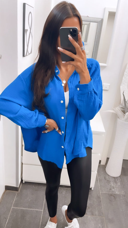 Kurze Oversize Musselin Bluse in Royal Blau – Königliche Eleganz | MUSSELIN LIEBE