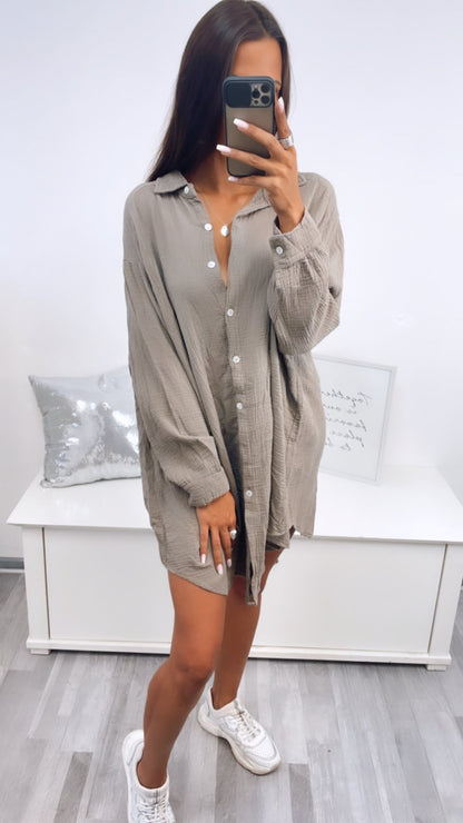 Lange Oversize Musselin Bluse in Schlamm – Erdige Eleganz | MUSSELIN LIEBE