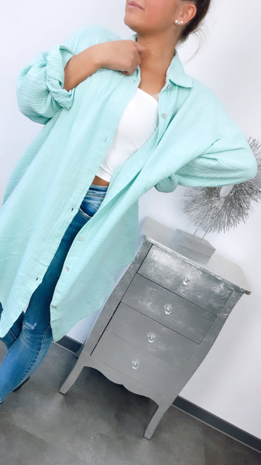 Lange Oversize Musselin Bluse in Light Mint – Frische Eleganz | MUSSELIN LIEBE