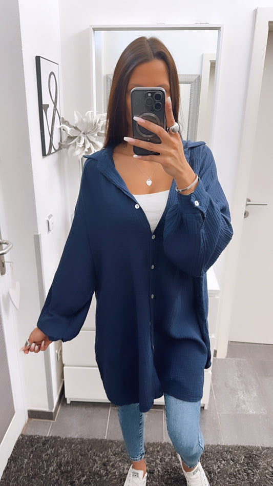 Lange Oversize Musselin Bluse in Dunkel Blau – Edle Sophistication | MUSSELIN LIEBE