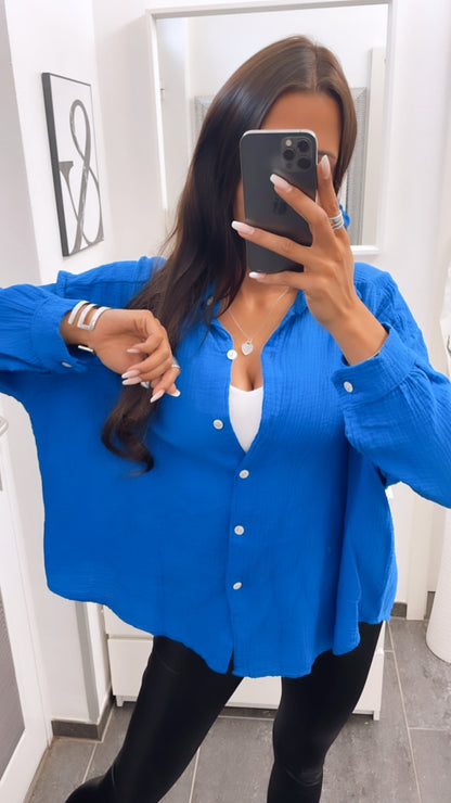 Kurze Oversize Musselin Bluse in Royal Blau – Königliche Eleganz | MUSSELIN LIEBE